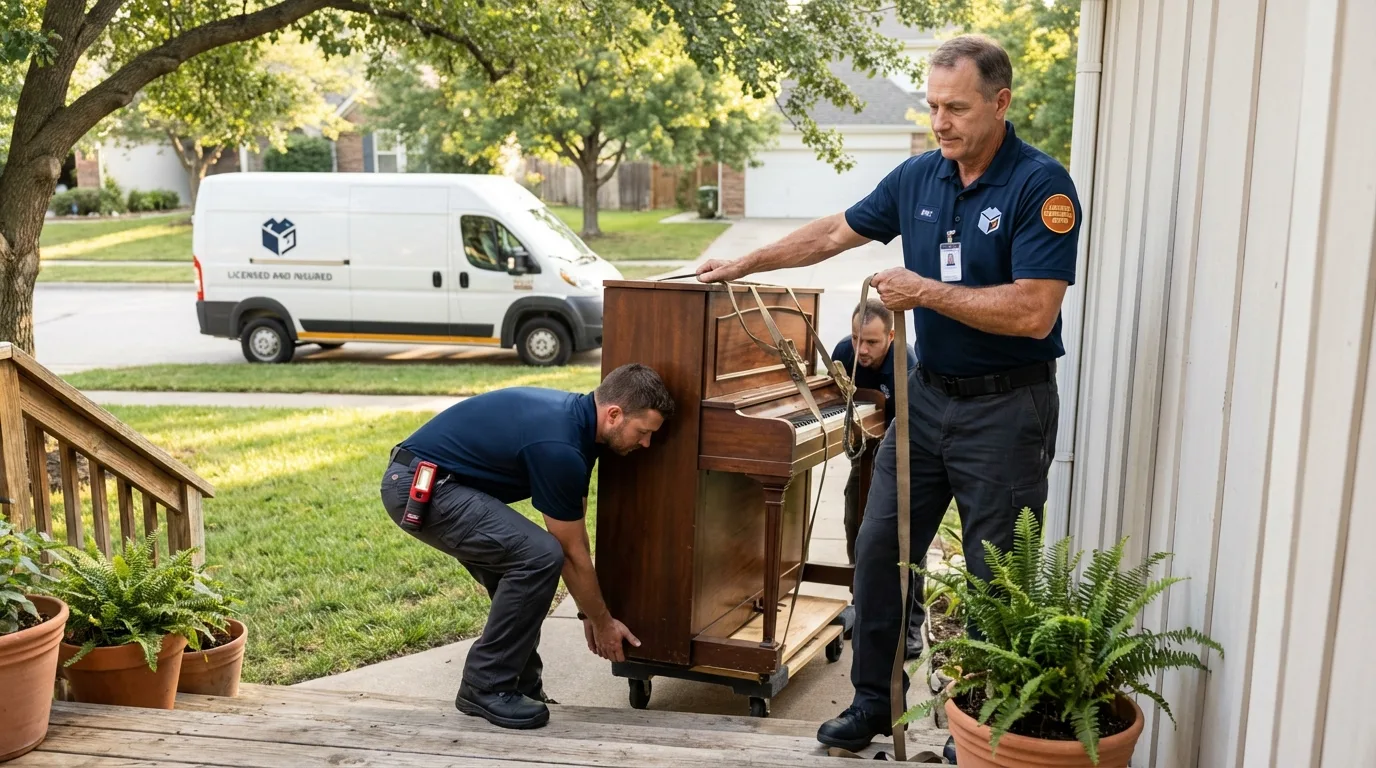 Licensed piano movers securing grand piano in Stanford, KY