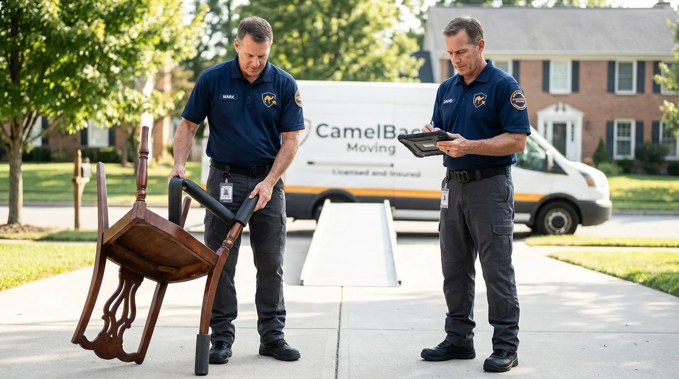 Movers inspecting furniture for damage prevention before loading in Stanford, KY