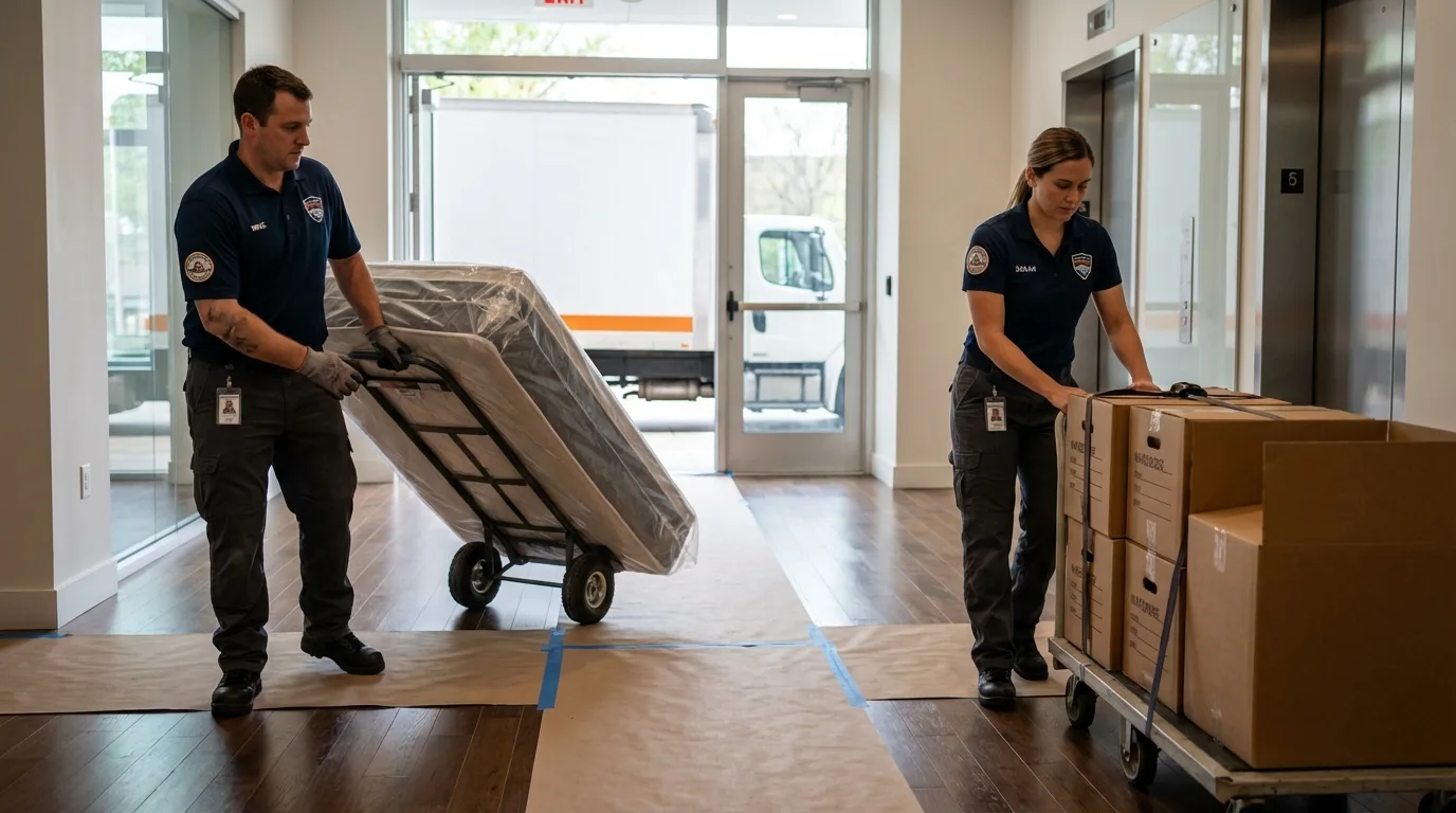 Professional apartment movers loading elevator in Stanford, KY